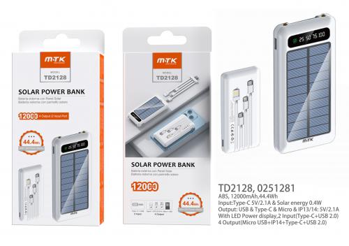 image Power Bank 12000mAh Panneau Solaire avec cable Micro USB+Iphone+Type-C+USB2-Led-Noir-