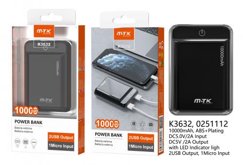 image Power Bank 10000mAh - 2 USB + 1 MicroUSB + Led - K3632 - Noir