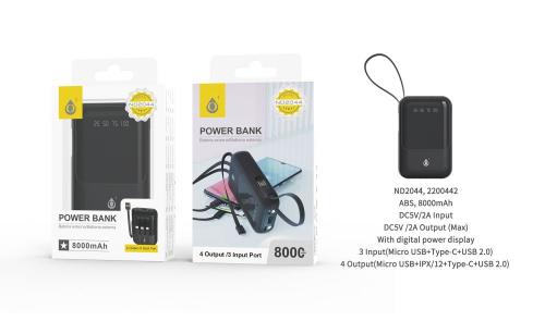 image Power bank 8000mAh 2A Micro USB+Type-C+USB 2.0 - ND2044 - Noir